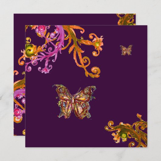 パープルのゴールドの蝶　エレガントで上品なウェディング 招待状 (正面/裏面)