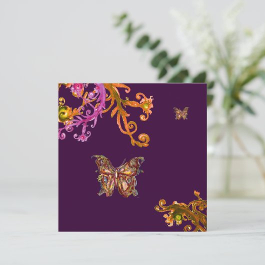 パープルのゴールドの蝶　エレガントで上品なウェディング 招待状 (スタンド正面)