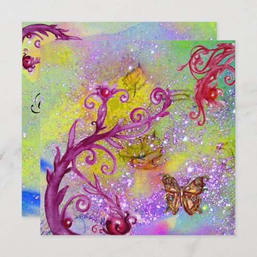 パープルのスパークルに輝く蝶　エレガントなウェディングパーティ 招待状 (正面/裏面)