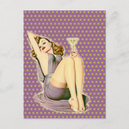 パープルのドット柄のマーティニ ロカビリー ピンナップガール ポストカード