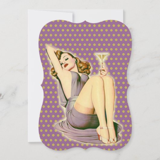 パープルのドット柄のマーティニ ロカビリー ピンナップガール 招待状 (正面)