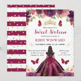 パープルのドレスを着た黒い肌のプリンセスのスイート16 招待状