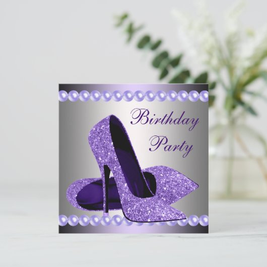パープルのハイヒール靴の誕生日パーティー 招待状 (スタンド正面)