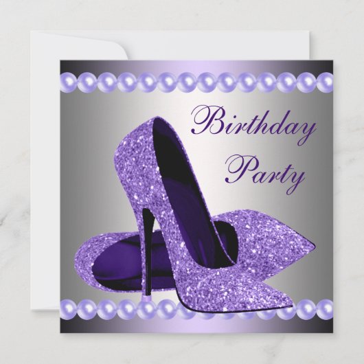 パープルのハイヒール靴の誕生日パーティー 招待状 (正面)