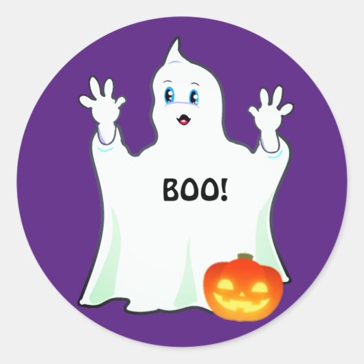 パープルのハロウィンの幽霊とかぼちゃ ラウンドシール (正面)