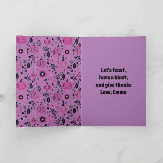 パープルのパンプキンと秋の花のカスタマイズ 招待状 (内部)