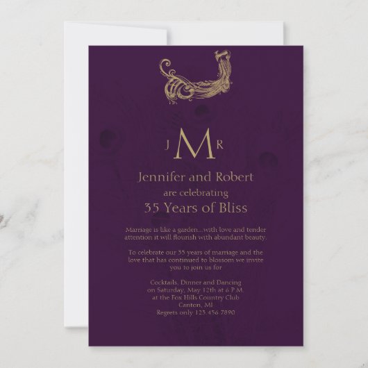 パープルのピーコック・リージェンシー結婚記念日 招待状 (正面)