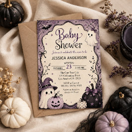 パープルのファンタジーなハロウィンベビーシャワー 招待状