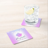 パープルのモノグラムネームのカップケーキのグリッターがしたたり落ちるスクリプト スクエアペーパーコースター (インサイチュ)