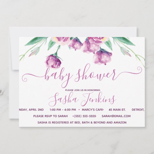 パープルのユーストマ お花のベビーシャワー招待状 招待状 (正面)