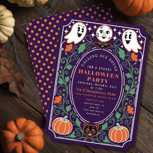 パープルのヴィンテージゴーストパンプキン ハロウィンパーティー 招待状