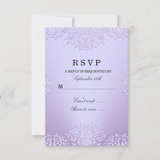 パープルのヴィンテージ・ダマスク柄RSVP 出欠カード (正面)