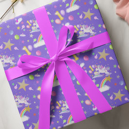 パープルの一歳の誕生日ユニコーンパターン ラッピングペーパー
