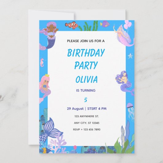 パープルの人魚の誕生日カード 招待状 (正面)
