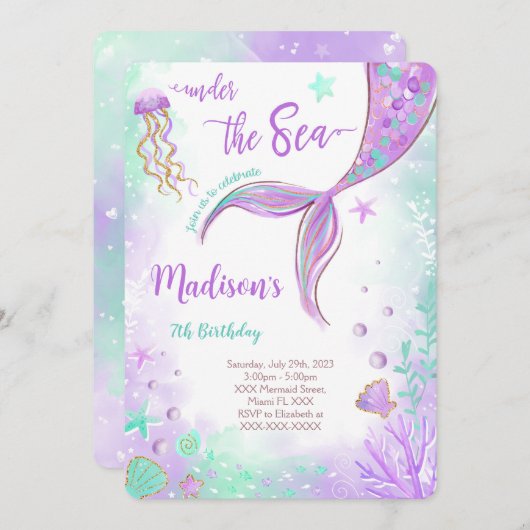 パープルの人魚の誕生日招待状 招待状 (正面/裏面)