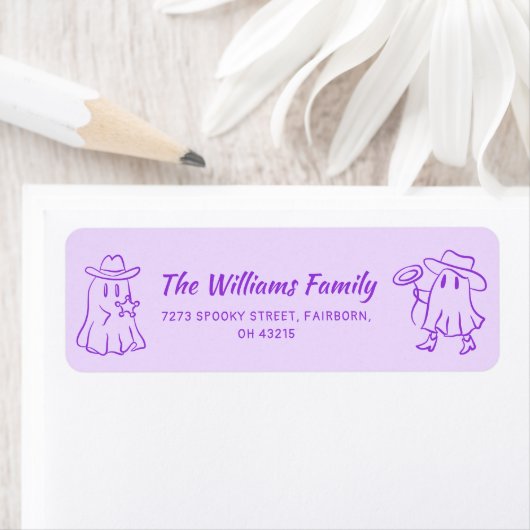 パープルの変わった手描きカウボーイの幽霊ハロウィン ラベル (インサイチュ)