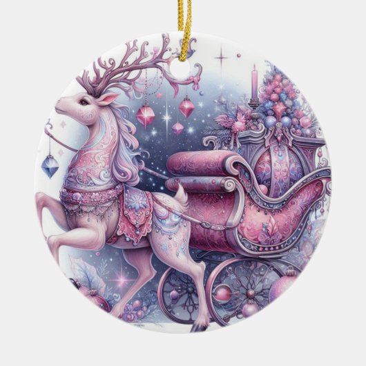 パープルの幻想的なクリスマス+トナカイ セラミックオーナメント (正面)