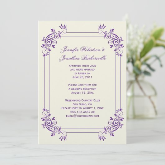 パープルの渦巻き模様が特徴的なアイボリーの結婚式後招待状 招待状 (スタンド正面)