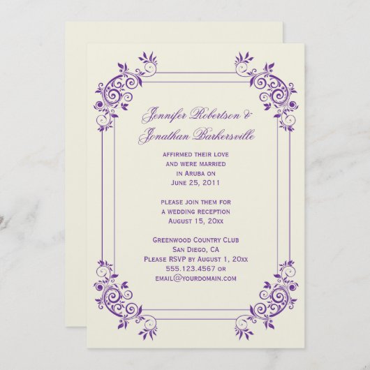 パープルの渦巻き模様が特徴的なアイボリーの結婚式後招待状 招待状 (正面/裏面)