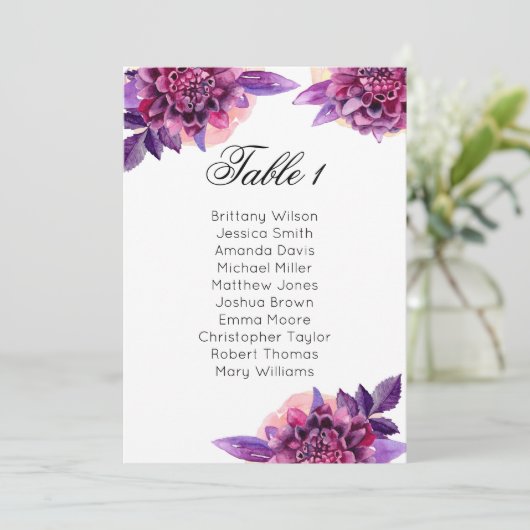 パープルの結婚式席次表。花のテーブルプラン 招待状 (スタンド正面)