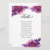 パープルの結婚式座席表。花のテーブルプラン 招待状 (正面/裏面)