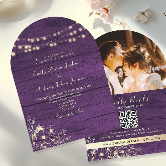 パープルの結婚式QRコード付 rustic ストリング ライト 招待状