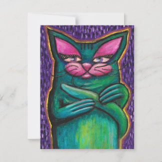パープルの背景にオイルパステルで描かれた少女のようなターコイズブルーの猫 ポストカード