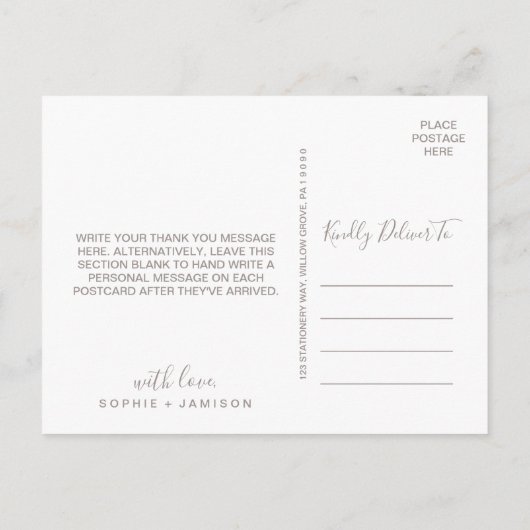 パープルの花とレースの感謝カード ポストカード (裏面)