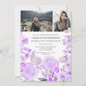 パープルの花と緑の葉のスクリプト3枚の写真 卒業 招待状 (裏面)