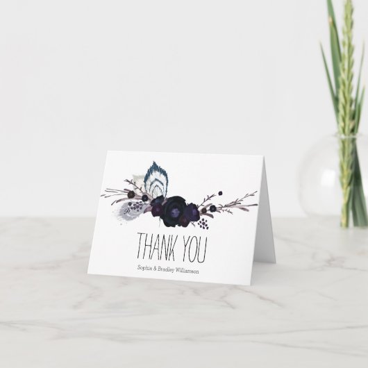 パープルの花と羽根に感謝 サンキューカード (正面)