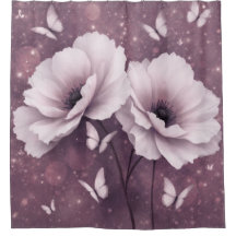 パープルの花と蝶のシャワーカーテン