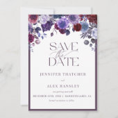 パープルの花のスクリプト結婚式のSave the Date 招待状 (正面)