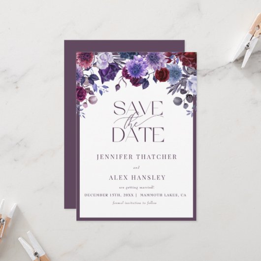 パープルの花のスクリプト結婚式のSave the Date 招待状 (正面/裏面インサイチュ)