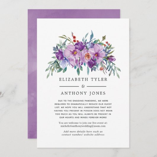 パープルの花の結婚式のゲストリスト縮小のお知らせ 案内状 (正面/裏面)