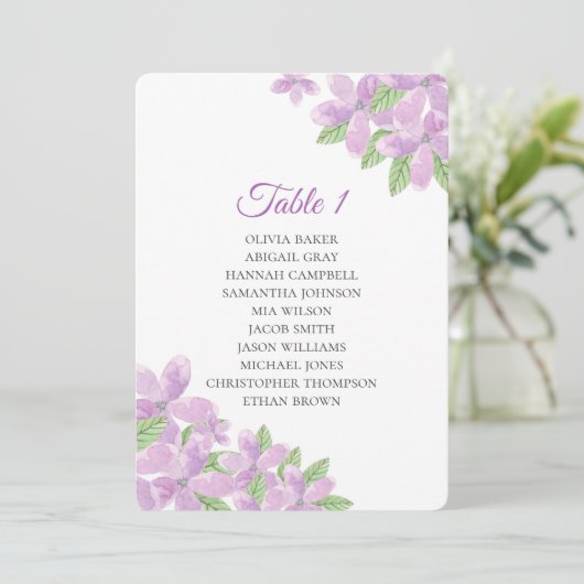 パープルの花の結婚式。 ライラックの花の席次表 招待状 (スタンド正面)