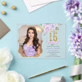 パープルの花スイートシックスティーン 16歳の誕生日写真 アクリル招待状 (インサイチュ (ウェディング))