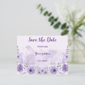 パープルの花柄の Save the Date ポストカード (スタンド正面)