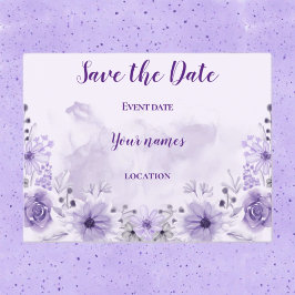 パープルの花柄の  Save the Date ポストカード