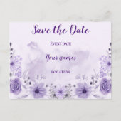 パープルの花柄の「Save the Date」ポストカード ポストカード (正面)