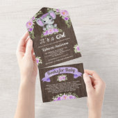 パープルの花柄水彩画の象の木製ベビーシャワー オールインワン招待状 (貼ってはがせる)