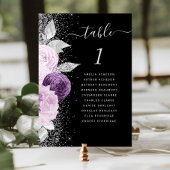 パープルの花飾りが付いたシルバーグリッター ブラック ウェディングテーブルナンバー テーブルナンバー