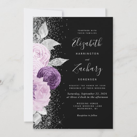 パープルの花飾りが付いたシルバーグリッター ブラック ウェディングテーブルナンバー 招待状 (正面)