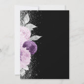 パープルの花飾りが付いたシルバーグリッター ブラック ウェディングテーブルナンバー 招待状 (裏面)