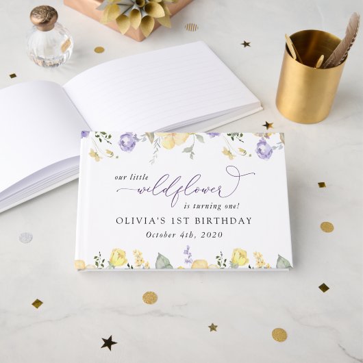 パープルの花、イエローの花、1歳の誕生日 ゲストブック (正面見開き)