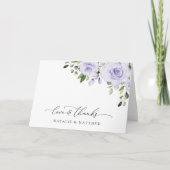 パープルの花、ライラックの花、フラワーのウェディング サンキューカード (正面)