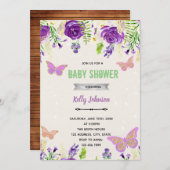 パープルの蝶のシャワー誕生日招待状 招待状 (正面/裏面)