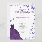 パープルの蝶のドレス 18歳の誕生日お披露目 招待状 (正面)
