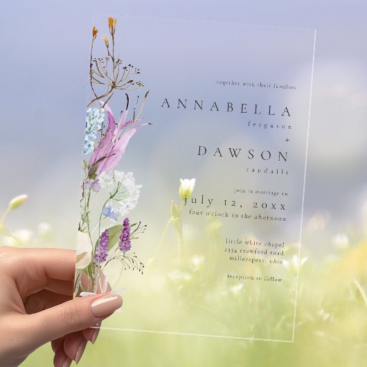 パープルの野の花 水彩 ミニマリスト ウェディング アクリル招待状