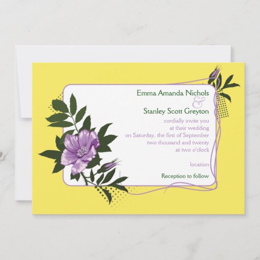 パープルの野生のバラの黄色の花の結婚式の招待状 招待状 (正面)