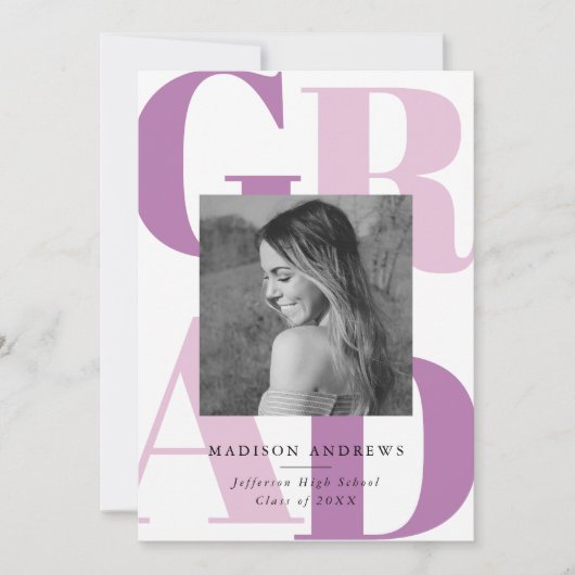 パープルはっきりしたグラードタイポグラフィ写真卒業パーティー 招待状 (正面)
